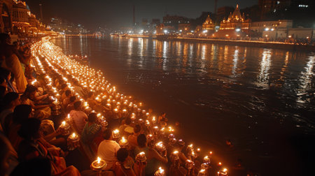Ganges Aarti Festival. Ganga Aarti holds immense spiritual significance for Hindus, as Ganges River is considered holiest river in faith, believed to possess power to cleanse sins and purify soul.の素材