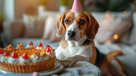 Happy birthday. A beagle dog sitting on the sofa, celebrating his birthday with cake and party hats in front of him. A tray is placed next to it holding an elegant cheese cream pie.の素材