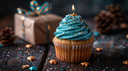 Happy birthday. A cupcake with teal frosting and a single candle, sitting on an isolated wooden table beside confetti and a small wrapped gift box. The background is dark wood,の素材