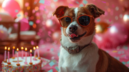 Happy birthday. dog sitting on chair, wearing sunglasses and blowing party horn blower with confetti around , table full of candles, birthday cake in front, colorful confetti , pink backgroundの素材