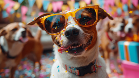 Happy birthday. a dog sitting on an chair, wearing sunglasses and blowing party horn blower at birthday table with candles, confetti pink background,の素材