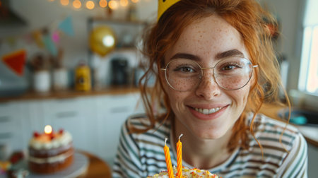 Happy birthday. A happy woman in her thirties with red hair and glasses holding out to camera, on the table is a small birthday cake decorated with yellow party hat and one candleの素材
