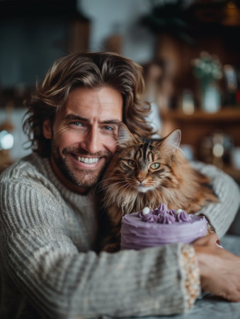 Happy birthday. A photo of a happy man holding his ginger cat in the kitchen. There is a purple birthday cake on the table, with white walls and cabinets and natural light, in the style of cinematic.の素材