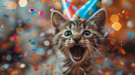 Happy birthday. A happy kitten wearing colorful birthday hats and surrounded by confetti, with an open mouth in celebration of its first yearの素材
