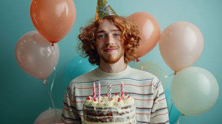 Happy birthday. Adult red haired man wearing a party hat and holding a birthday cake and green balloons against a green colored background,の素材