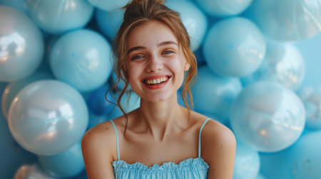Happy birthday. Photo of excited woman in light blue dress with open arms, surrounded by balloons on blue background.の素材