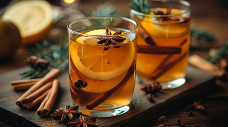 Winter season. Hot drink cocktail for New Year, Christmas, winter or autumn holidays..Toddy. Mulled pear cider or spiced tea or grog with lemon, pear, cinnamon, anise, cardamom, rosemary.の素材