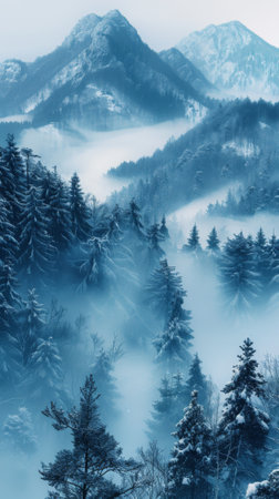 Winter season. Panorama of the foggy winter landscape in the mountains, Christmas holiday postcard collage.の素材