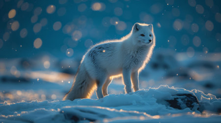 Winter season. arctic fox stand on ice floe in winter landscape under auroraの素材