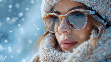 Winter season. beautiful young white woman with sunglasses in ski resort, winter holiday conceptの素材