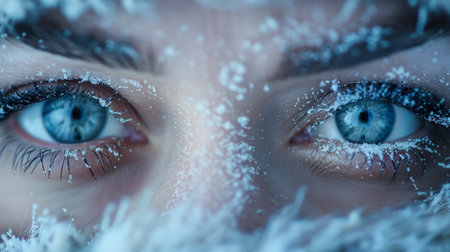 Winter season. The personifying winter phenomena. A close-up shot of the blizzard's eyes, formed from swirling snowflakes, reflecting the power and beauty of the winter stormの素材