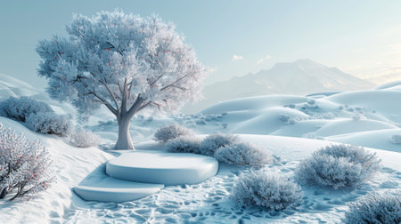 Winter season. crystal clear podium for product display and presentation. pedestal to showcase your product. winter landscape backgroundの素材