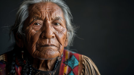 Native American Heritage Month. A portrait of a wise Native American elder, their face etched with the stories and wisdom of their ancestors.の素材