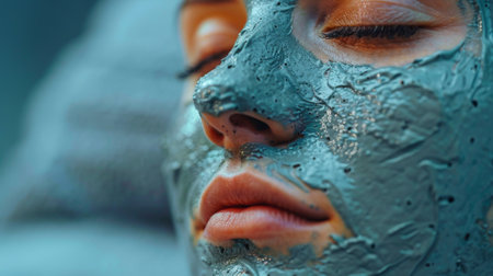 mental health. A close-up shot of a person applying a nourishing face mask, their touch gentle and caring as they pamper themselves.の素材