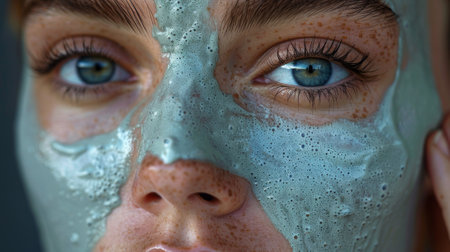 mental health. A close-up shot of a person applying a nourishing face mask, their touch gentle and caring as they pamper themselves.の素材
