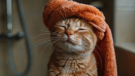 Morning routines. Cute cat with towel on head standing in front of mirror in bathroom. Fluffy home pet self-care morning routineの素材