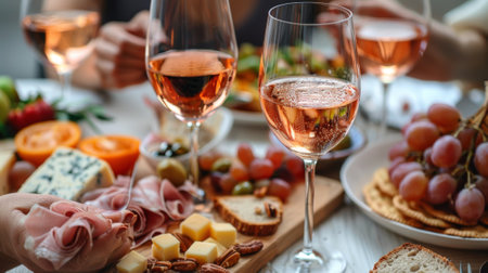 Autumn or fall season. table with wine glasses and food, hands reaching for glass of rose wine, cheese board on table, warm light, pastel colors, home interiorの素材