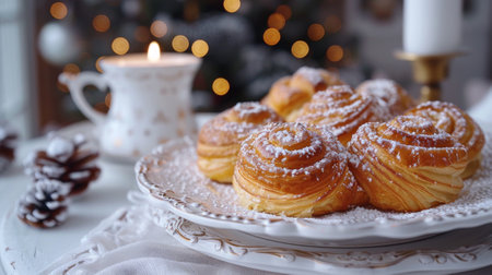 Winter season. cinnamon croissant rolls mimicking a winter blizzardの素材
