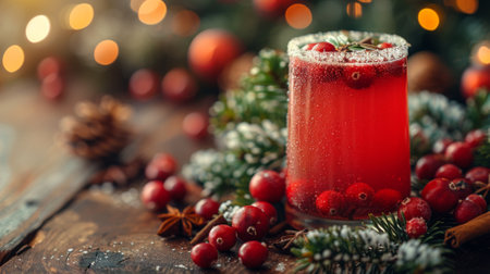 Winter season. Cranberry drink on wooden background decorated with fir branches, spices and fresh berries, selective focus, copy space.の素材