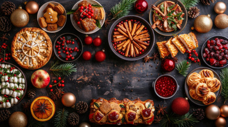 Winter season. Top view background of beautiful Christmas table with delicious homemade food decorated with fir branches, copy spaceの素材