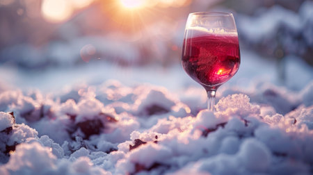 Winter season. Wine glass filled with red wine placed in the snow outdoors during winterの素材