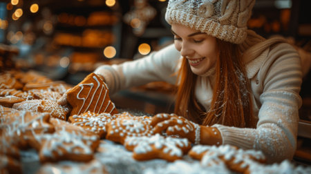 Winter season. Woman making gingerbread cookies for Christmasの素材