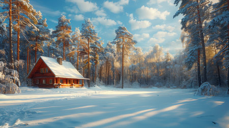 Winter season. A magical winter forest with a cozy cabin nestled among snow-covered trees, Snowy forest with tall pine trees and a blanket of snow covering the groundの素材