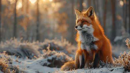Winter season. A red fluffy fox with black paws sits against the background of a winter forest , sunset lightの素材