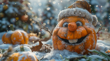 Winter season. he Legendary Winter Creatures. A cheerful snowfolk with a carrot nose, a coal mouth, and a wide, toothy grin, exuding the warmth and joy of the winter season.の素材