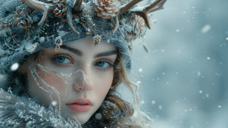 Winter season. Misty landscape. Enchanting woman with antler crown in snowy forest. Winter fantasy concept. Pagan Christmas, New Year and Yule celebration.の素材