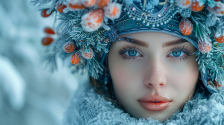 Winter season. Misty landscape. Mystical woman with ornate headpiece in snowy forest. Enchanting winter fantasy. Pagan Christmas and New Year concept.の素材