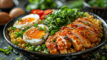 japanese ramen with chicken, green vegetables and eggs in black plate on dark wooden background. Top view. Flat lay. Japanese food concept. Free space for text. High quality photo.の素材