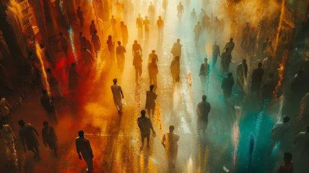 A bird's eye view of a Holi festival, with people dancing and creating a sea of colors. Abstract style, with a focus on shapes and patterns.の素材