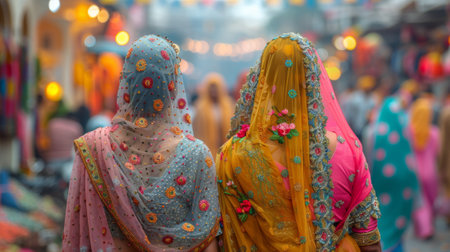 Traditional Indian costumes. Holi celebration in a lively city. Happy Holi, Concept Indian color festival.の素材