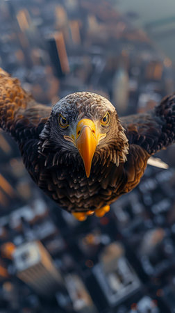aerial photo. in the foreground is a bald eagle, viewed from above on its back. Below it, in the bokeh, is Manhattan. Realistic photo.の素材