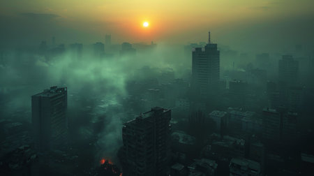 A dense, smoggy cityscape, obscuring the sun and suffocating the inhabitants, emphasizing the negative impact of air pollution on human health and the environment.の素材