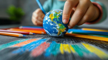 Earth from a Child's Perspective. A child's hand drawing a picture of Earth, with simple lines and bright colorsの素材