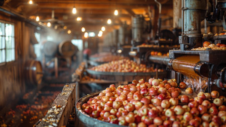 A rustic and cozy ambiance fills the air as you step into traditional cider mill, aroma of freshly pressed apples and gentle hum of machinery creating a sense of warmth and invitation.の素材