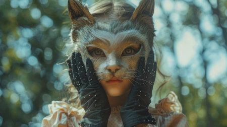 quadrobics. A girl wearing an animal mask and holding hand gloves, park green background. The child is dressed as an elegant catの素材