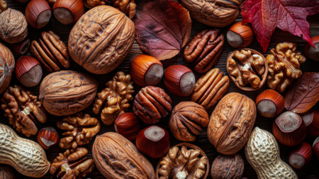 Thanksgiving and Harvest Festival. A close-up shot of a variety of nuts, including walnuts, pecans, and hazelnuts, their textures and colors reflecting the richness of the harvest season.の素材