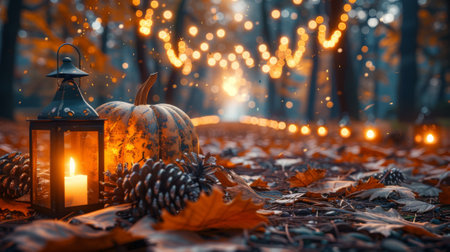 Thanksgiving and Harvest Festival. cozy autumn scene with lanterns, pumpkins and pine cones on ground, surrounded by trees in soft focus. background is bathed in warm golden lightの素材