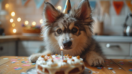 Happy birthday. A cute husky sitting in front of a cake with candles, wearing a birthday hat, with a blue, yellow, and white color combination background and flags hanging on it.の素材