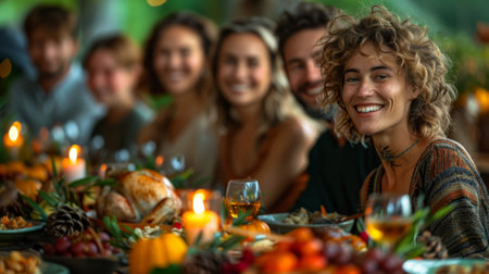 Thanksgiving and Harvest Festival. A scene of family and friends gathered around the table, their faces lit up with joy and anticipation as they prepare to enjoy the Thanksgiving feast.の素材