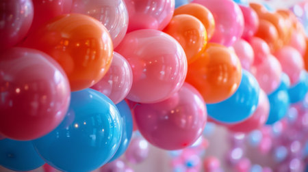 Happy birthday. Enchanting Decor. close-up shot of balloon arch or centerpiece, intricately crafted and bursting with vibrant colors, symbolizing the creativity and attention to detail in the partyの素材
