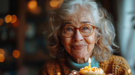 Happy birthday. A happy senior woman celebrating her birthday at home with a cupcake and party blower, in the style of a real photo.の素材