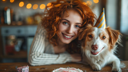 Happy birthday. A happy woman with curly red hair wearing party hat is celebrating her dog's birthday at home. There is cake on the table and she has some small gifts for her little cute greyhound nextの素材