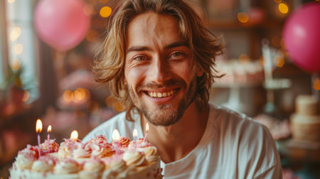 Happy birthday. Happy man celebrating birthday on color backgroundの素材