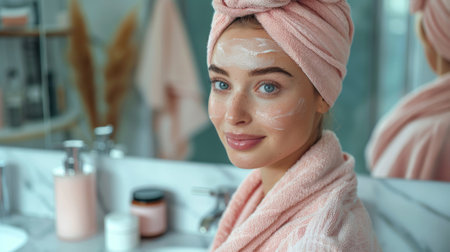 Morning routines. Skin care. Woman applying face cream looking in bathroom mirror, mental health concept of self careの素材