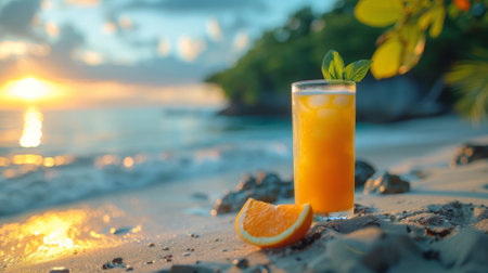 glass of cocktail stands on sand against backdrop of tropical sea. idea of summer vacation.の素材