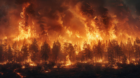 A raging forest fire engulfing trees and wildlife, symbolizing the destructive power of climate change and its threat to biodiversity.の素材